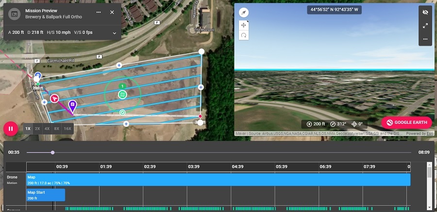 Image of a drone simulation flight being performed on a desk top computer for a construction site monitoring project. Above and Beyond Imagery, Hudson Wisconsin.