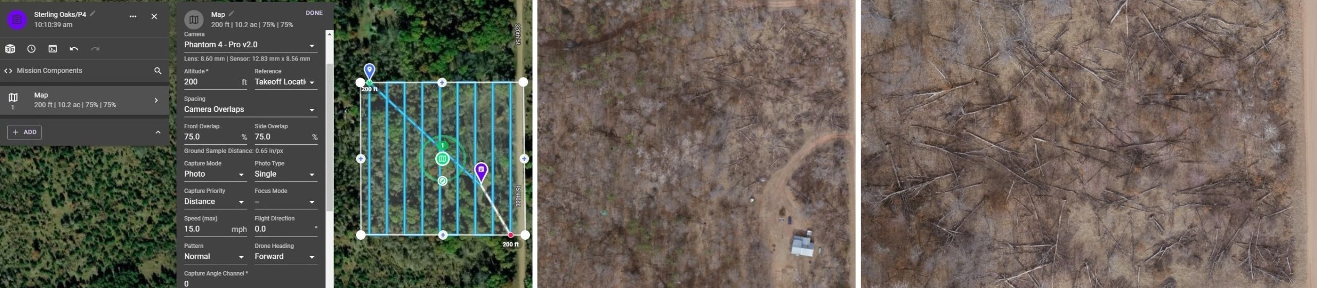 Drone mapping service imagery showing a programmed drone flight for creating an orthomosaic map to measure oak wilt tree death.